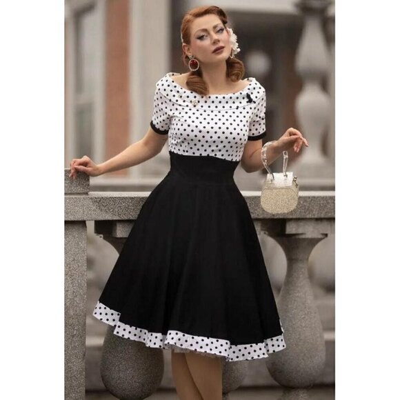 Dolly & Dotty Darlene Dress in White with Black Polka Dots - Picture 1 of 3